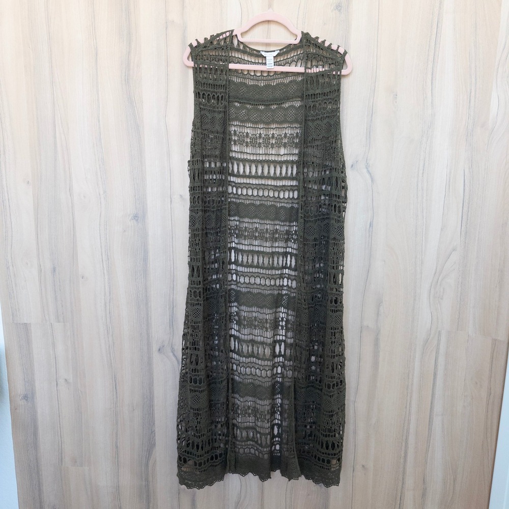 EST. 1946 Womens‎ Crochet Long Vest 18/20W Olive Green Coastal Boho Festival